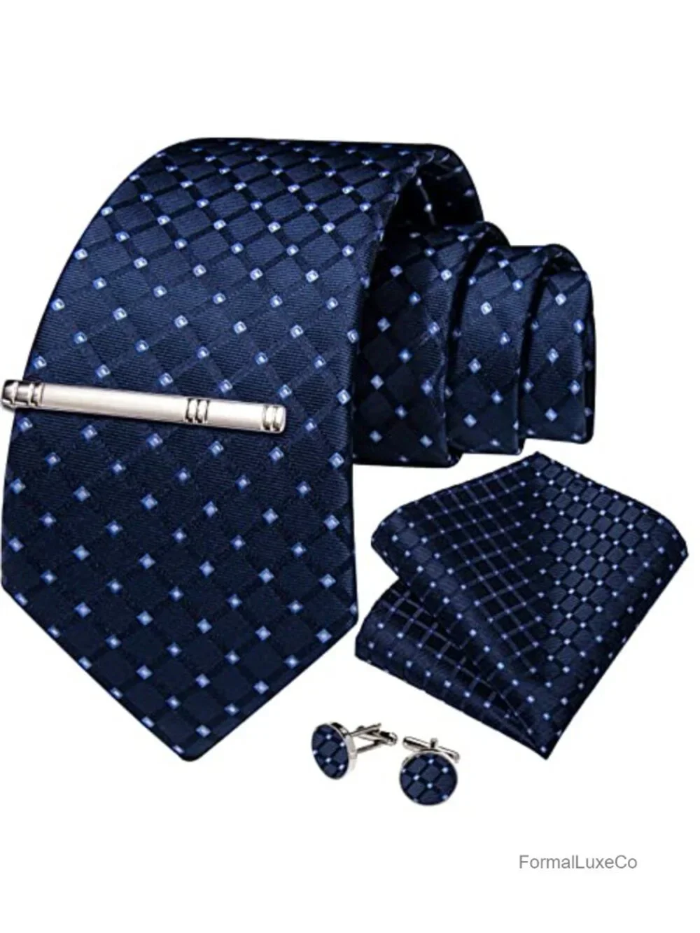 Silk Necktie Set with Pocket Square Cufflinks Tie Clip Gift Box Wedding